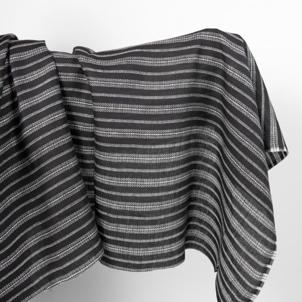 Linen fabric black with white patterned stripes
