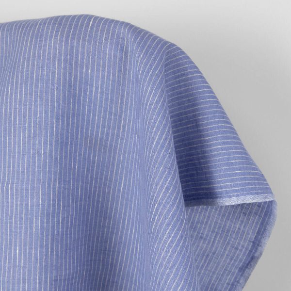 Linen fabric periwinkle with cream stripes, pure linen