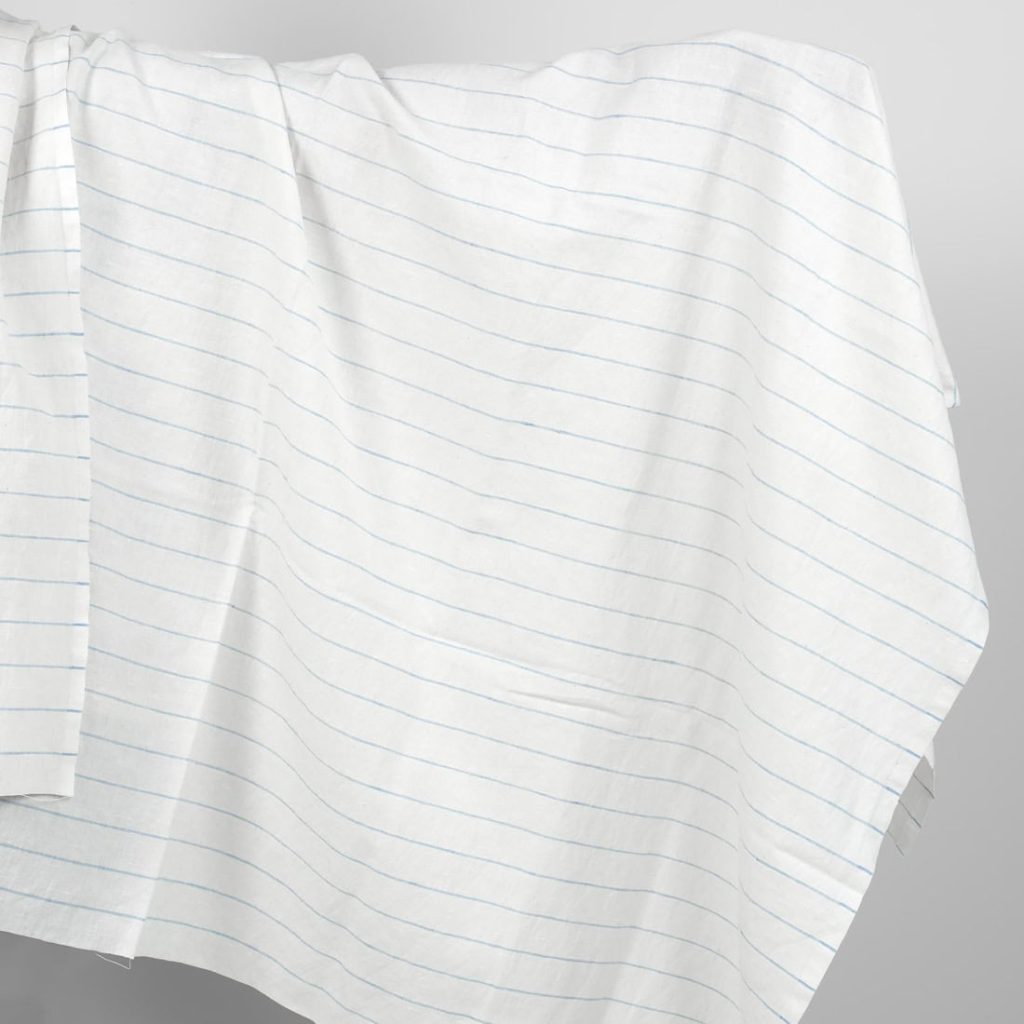 Washed linen cotton fabric white with sky blue stripes product photo