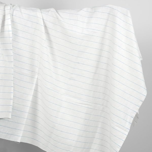 Washed linen cotton fabric white with sky blue stripes product photo