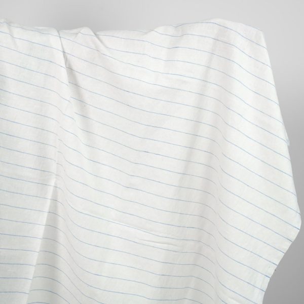 Washed linen cotton fabric white with sky blue stripes