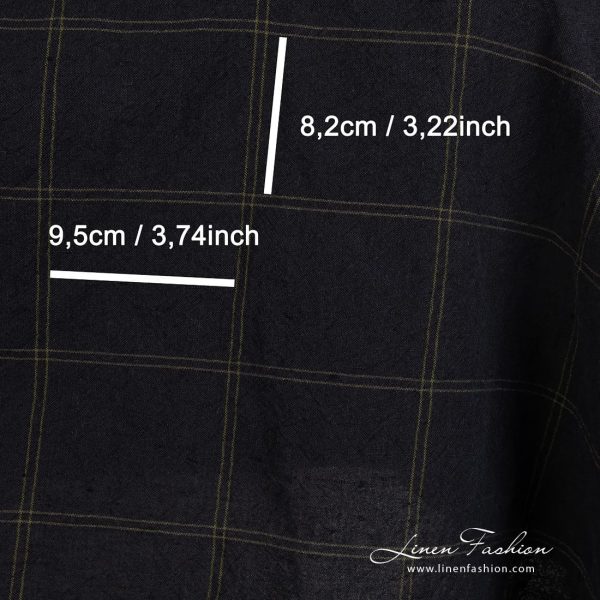 Checked linen cotton fabric woven from black and dark green yarns
