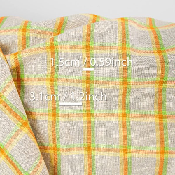 Grey linen cotton fabric in colourful checks, with measurements