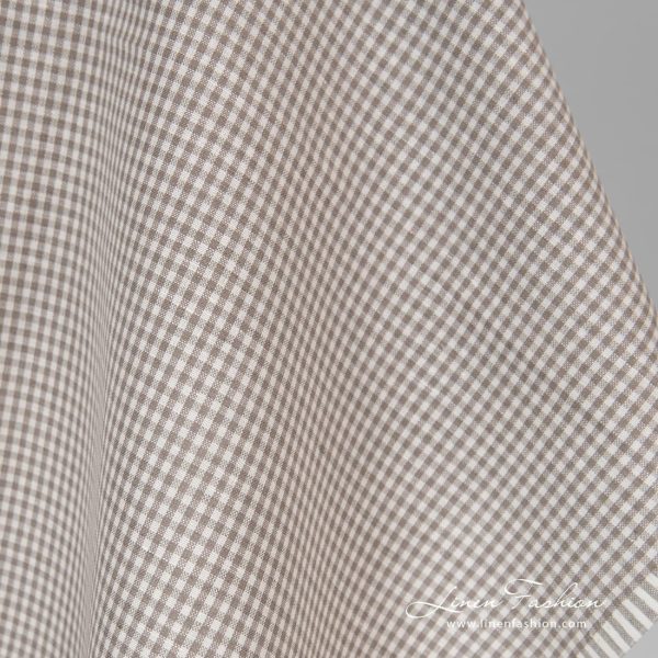 Grey white checked linen cotton fabric.