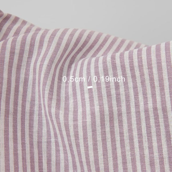 Wide linen cotton fabric in white and lilac stripes with measurements