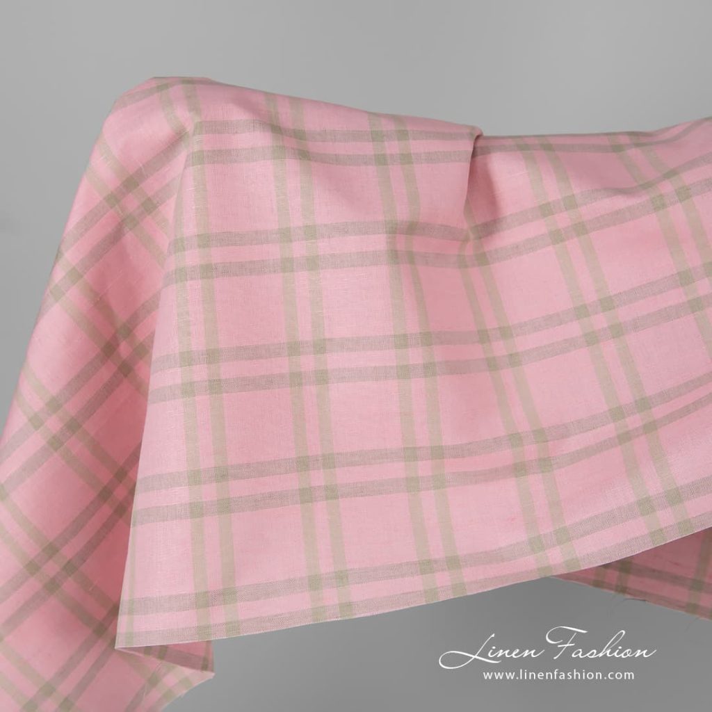 Pink checked linen cotton fabric.