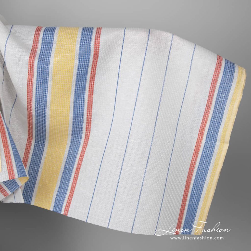 Linen cotton fabric white waffle with yellow red stripes
