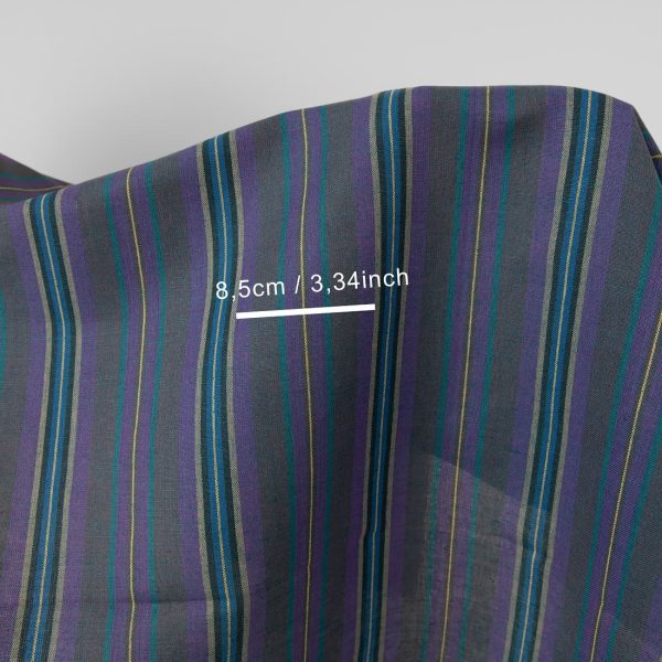 Linen cotton fabric in violet and blue stripes with measurements