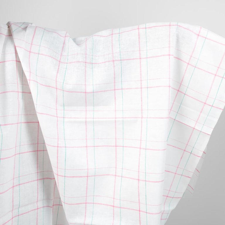 white linen fabric, pink checks