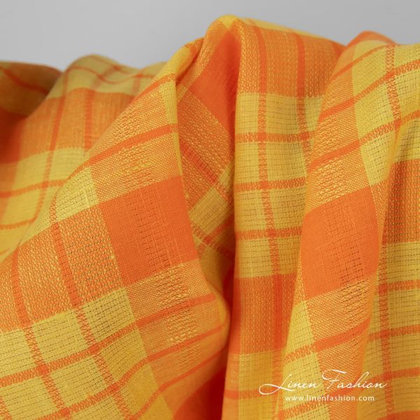 100% linen fabric in yellow and orange checks.