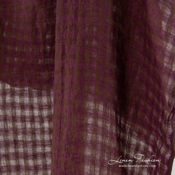 100% linen fabric in brown purple checks.