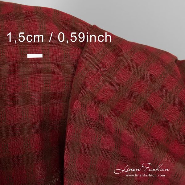 Brown checked red linen fabric.