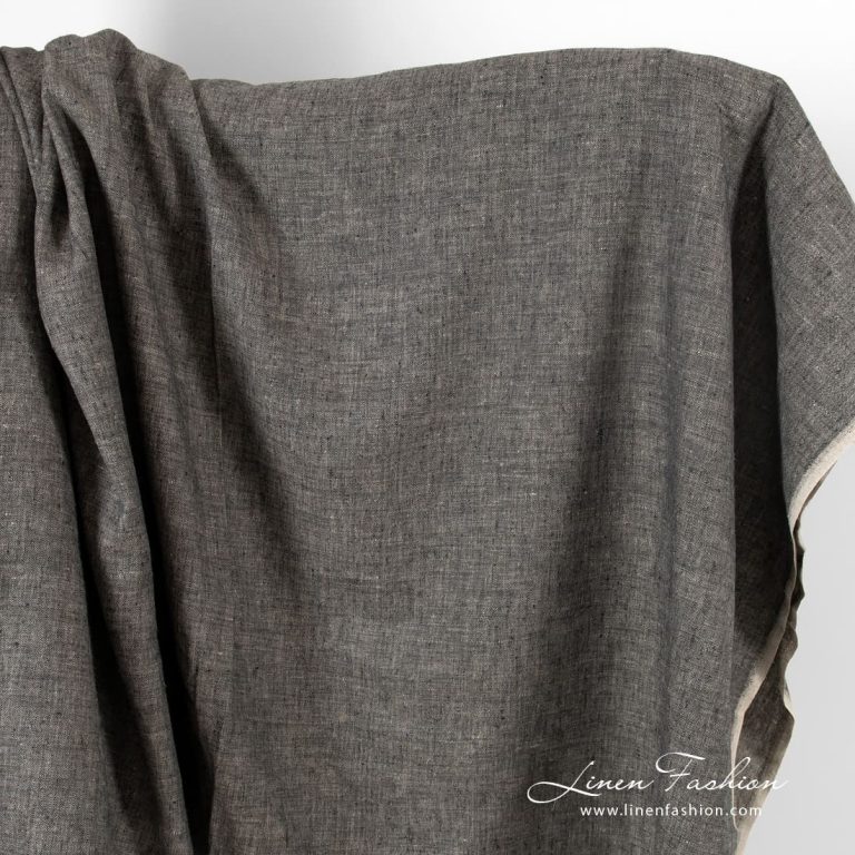 Herringbone linen fabric in black and natural linen
