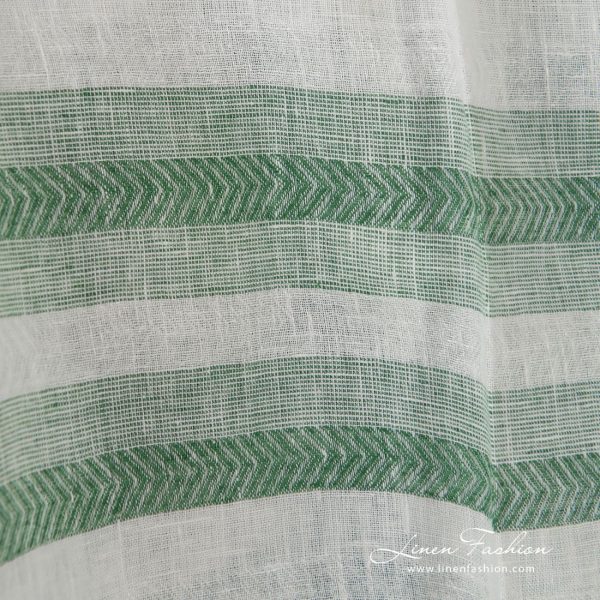 100% linen fabric in green and white herringbone stripes