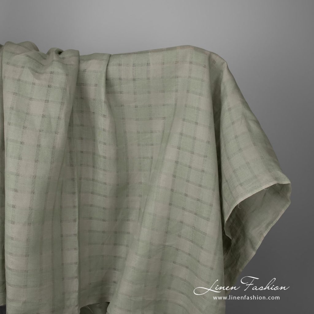 Linen fabric dusty green grey striped checks