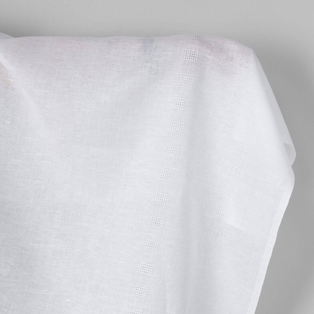 Linen cotton fabric bright white with two rows of checks