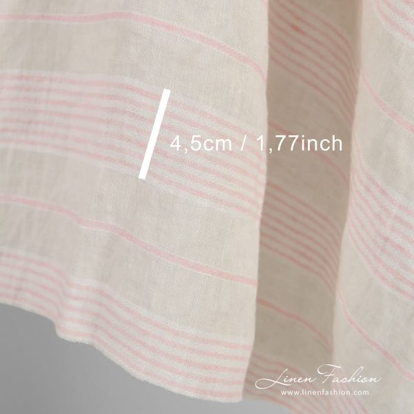 Yellow linen fabric in pink stripes, perfect for clothes and home textile