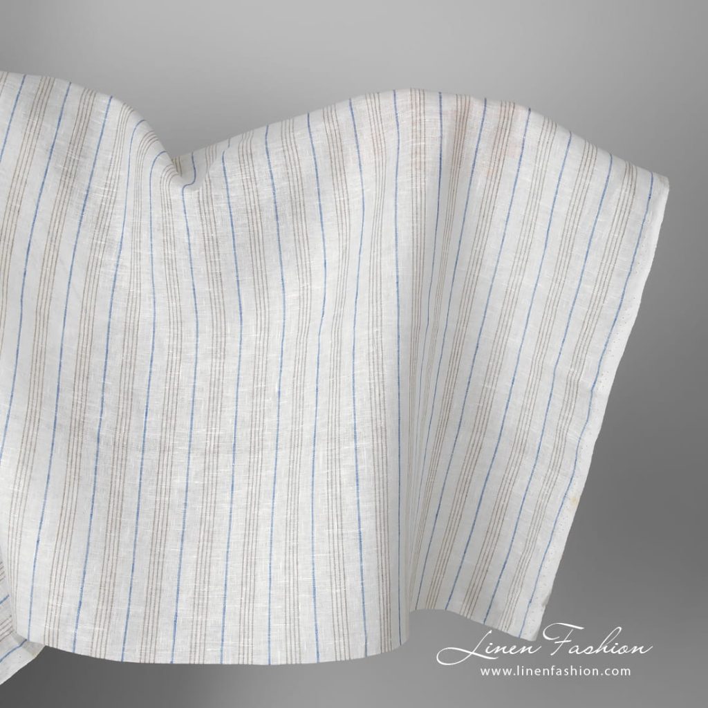 Linen fabric white with blue and grey stripes