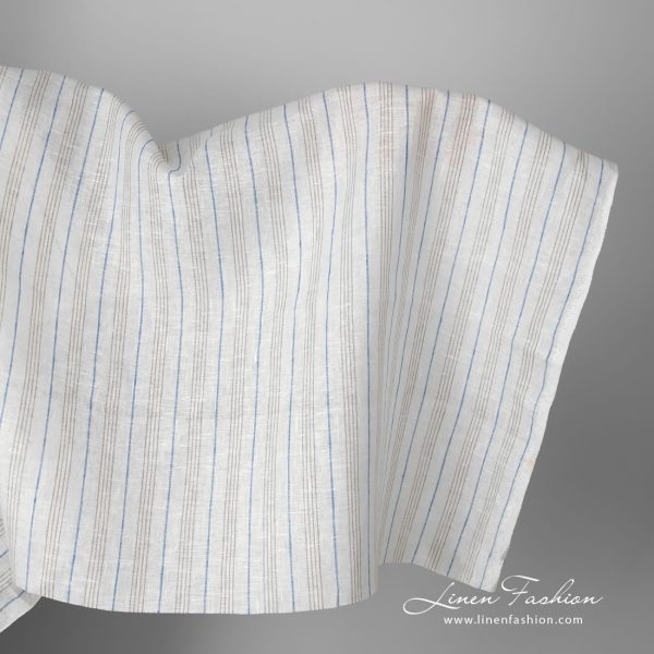Linen fabric white with blue and grey stripes