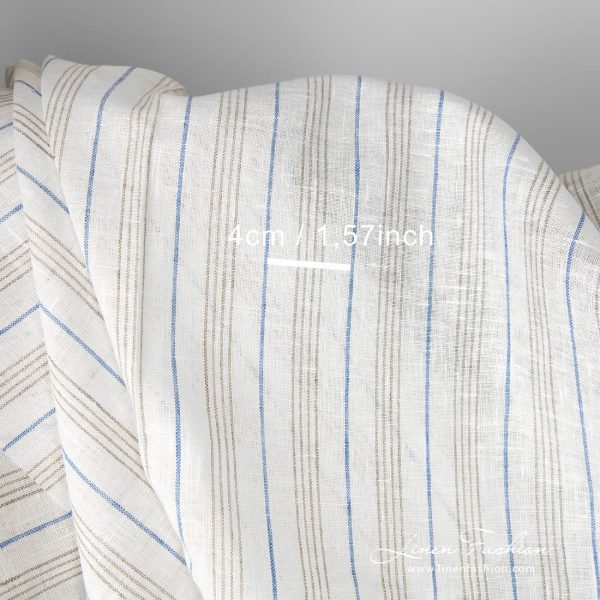 Linen fabric white with blue and grey stripes with measurements
