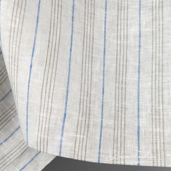 Linen fabric white with blue and grey stripes edge