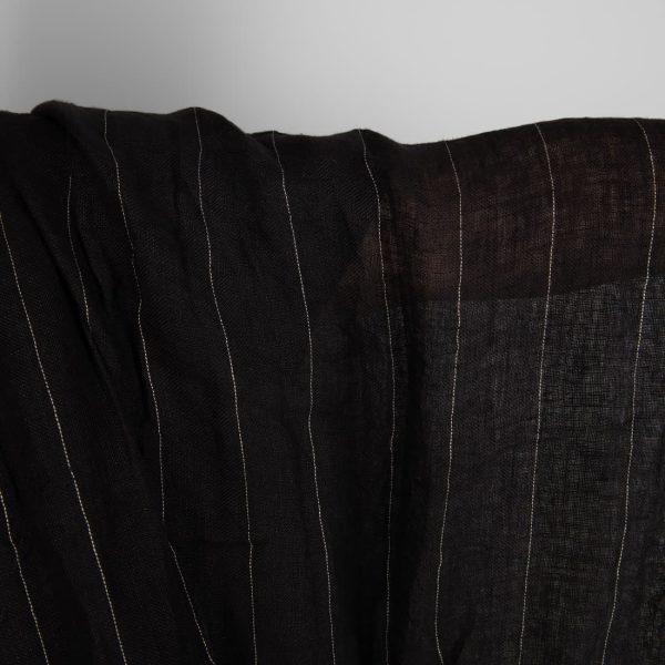 Black transparent linen fabric with grey stripes washed texture