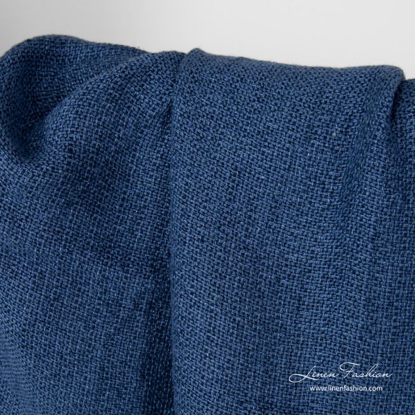 Dark blue linen fabric in panama weave, washed