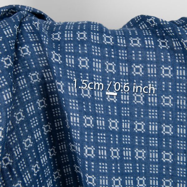 Washed linen cotton fabric off-white and blue pattern blue side
