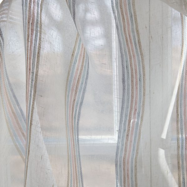 White transparent linen fabric with colourful stripes see through