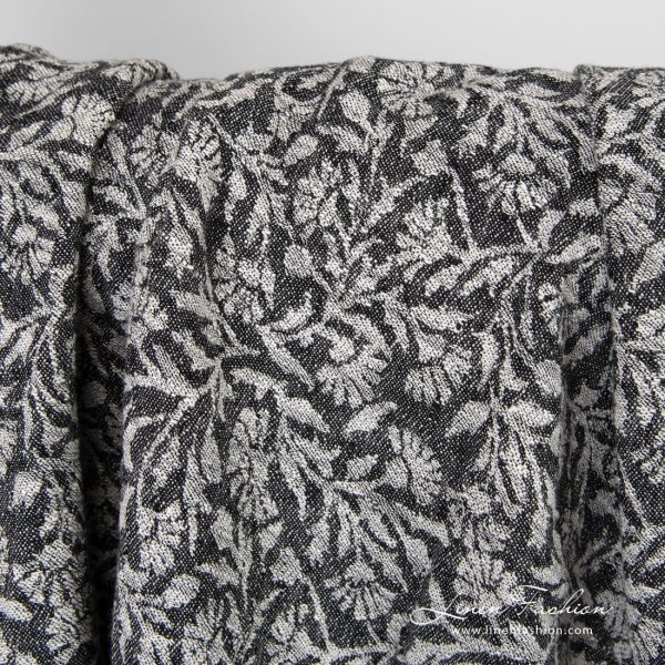 Black linen cotton jacquard fabric with ornaments