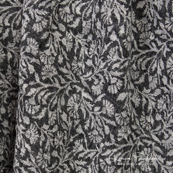 Black linen cotton jacquard fabric with flowery ornaments