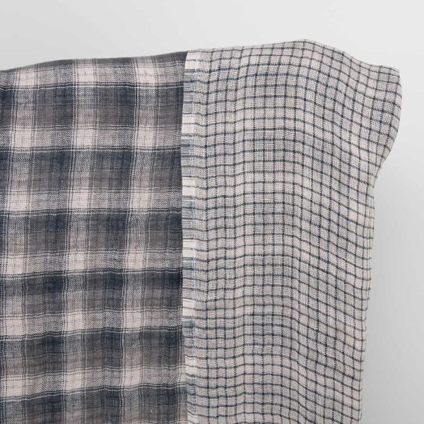 Washed checked grey linen fabric
