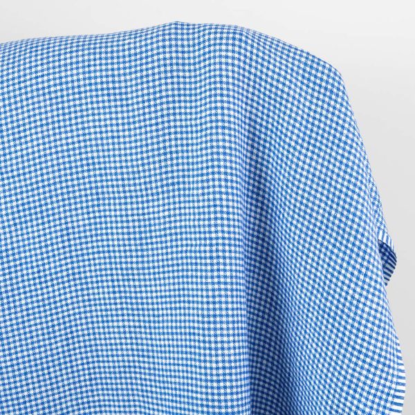 Washed linen fabric white blue twill small checks