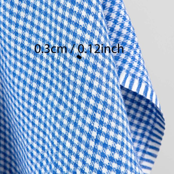 Washed linen fabric white blue twill small checks, with measurements