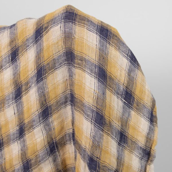 Washed linen fabric blue yellow checks double-sided close up detail