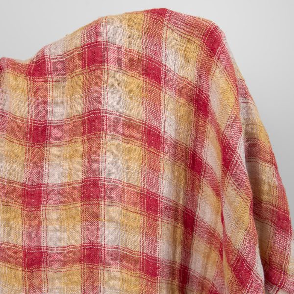Washed linen fabric red yellow checks double-sided close up detail