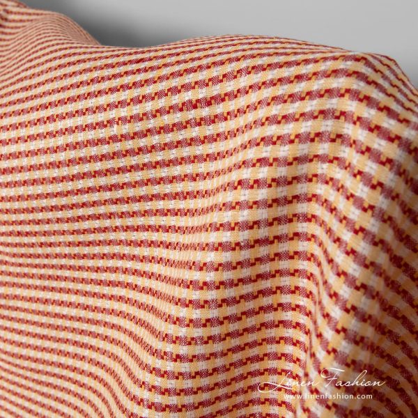 Peach linen fabric, tiny checks