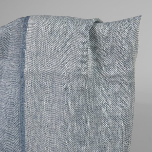 Linen fabric white blue in herringbone pattern double-sided back side