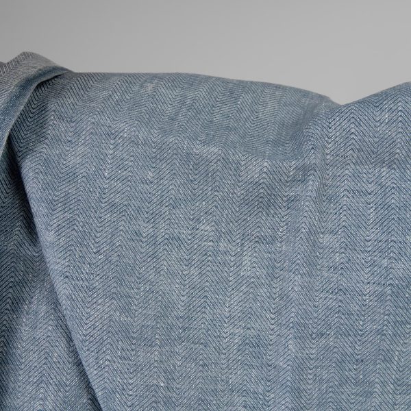 Linen fabric white blue in herringbone pattern double-sided front side