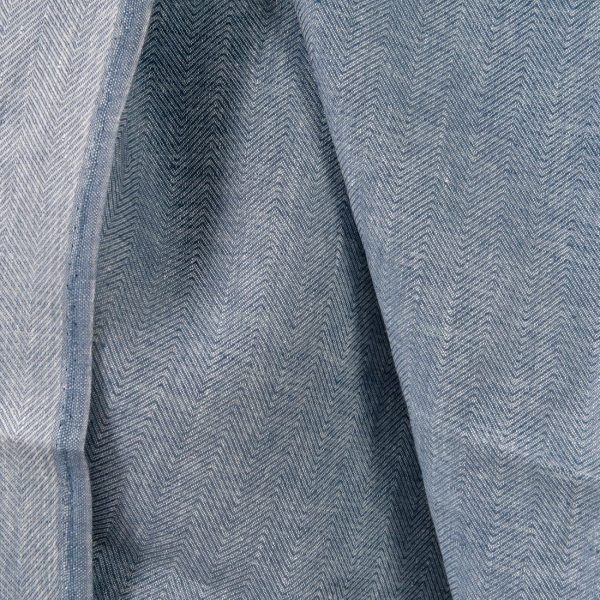 Linen fabric white blue in herringbone pattern double-sided close up detail