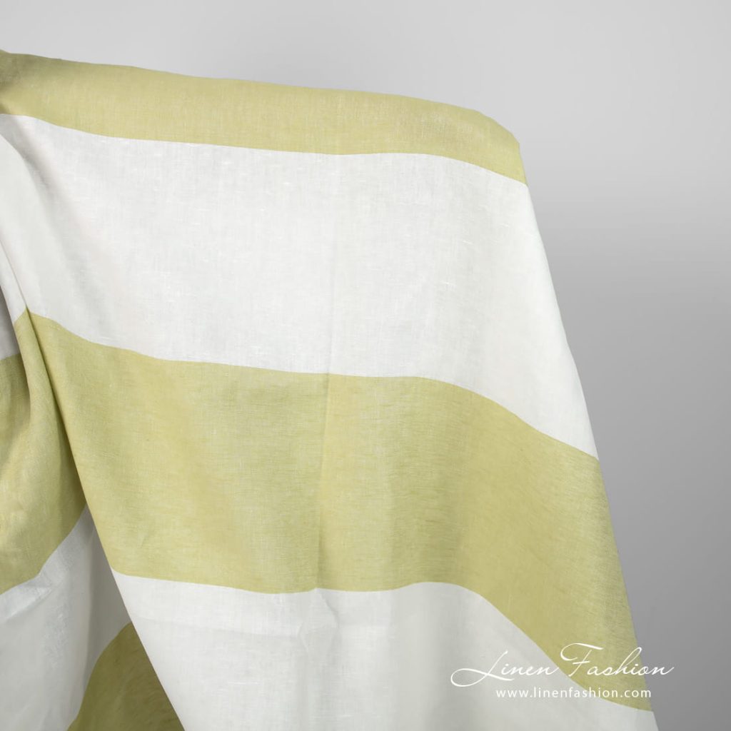 Linen fabric in green and off-white stripes