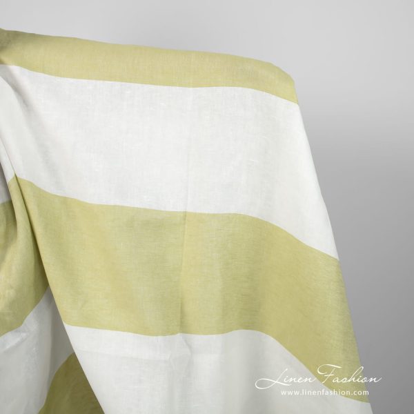 Linen fabric in green and off-white stripes