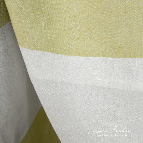 Linen fabric in green and off-white stripes close up detail
