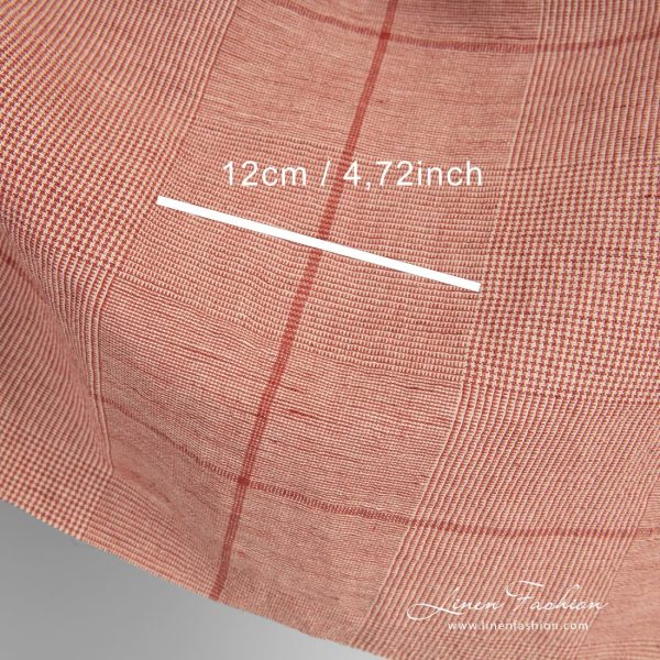 Wide red linen cotton fabric with checks, washed