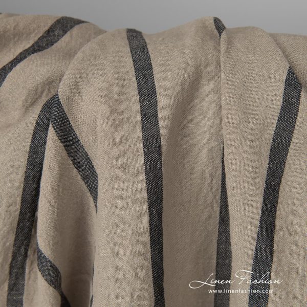 Wide washed half linen fabric natural colour black stripes texture