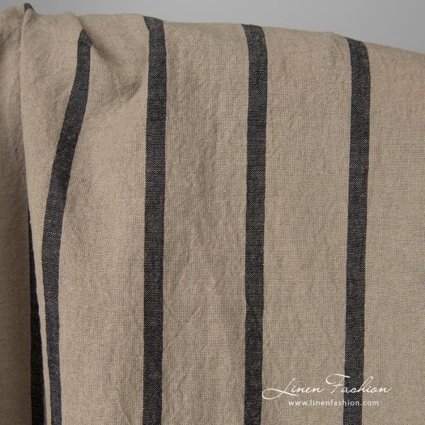 Wide washed half linen fabric natural colour black stripes product photo