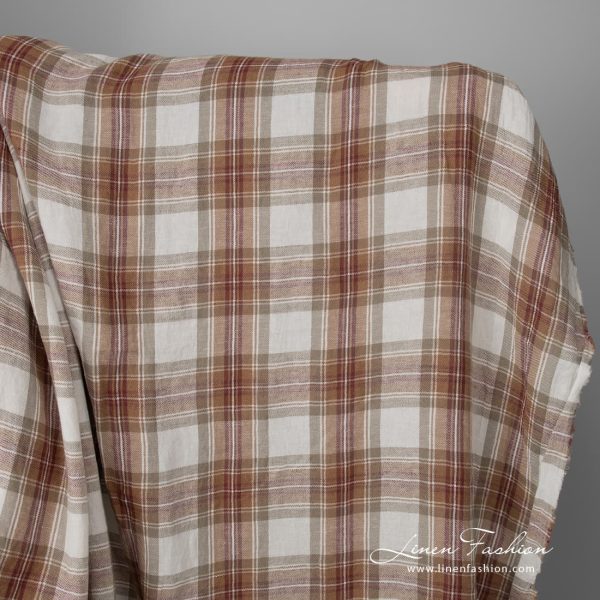 Wide washed half linen fabric off-white with brown checks
