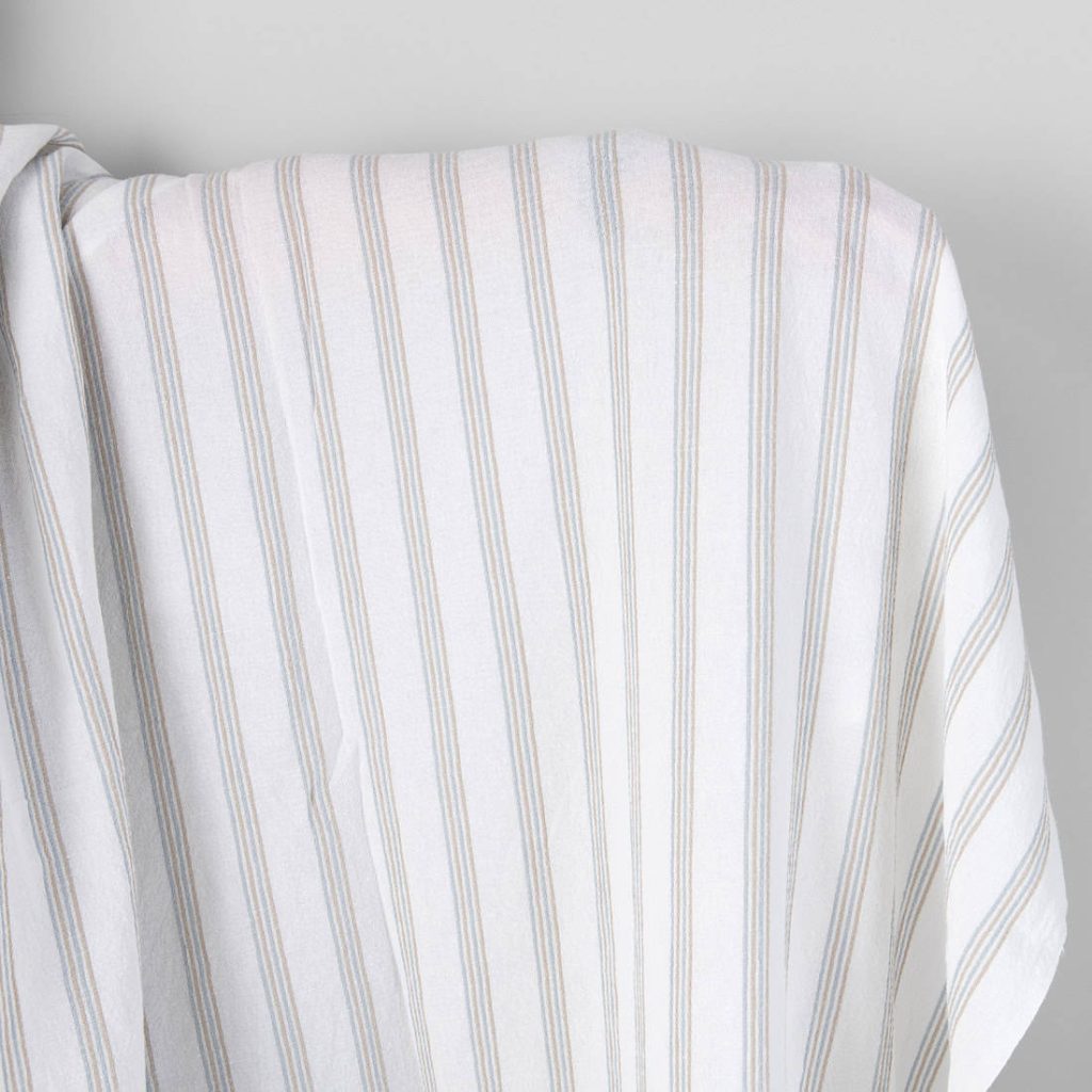 Washed linen cotton fabric white with blue and grey stripes