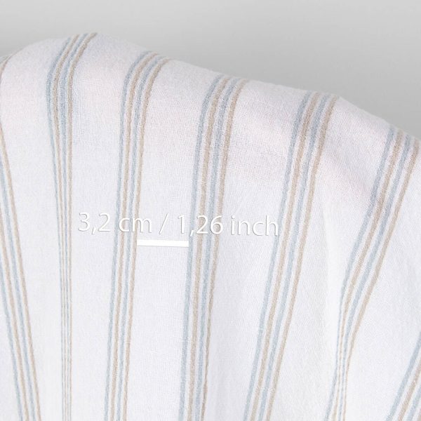 Washed linen cotton fabric white with blue and grey stripes, with measurements