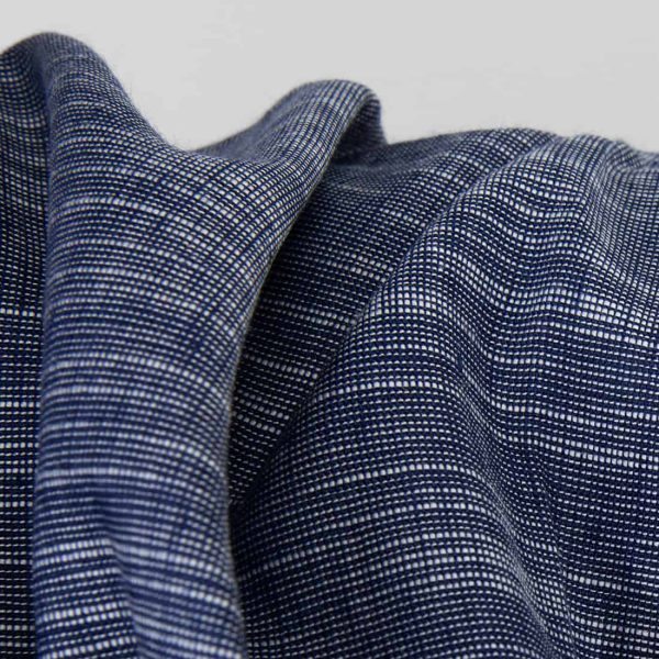 Dark blue linen cotton fabric in white stripes
